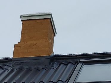 Hvide fuglepigge i plastik på skorsten og sorte på tagryggen
